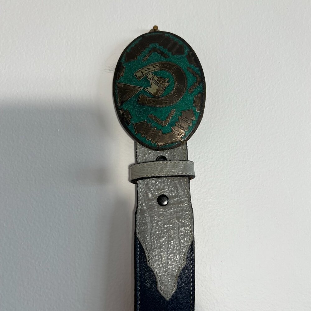 Vintage Al Paca belt buckle w/Vintage Tony Lama Belt Crushed turquoise inlay - Picture 5 of 11